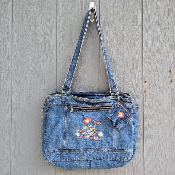 Vintage Handbags - Vintage Floral Embroidered Denim Shoulder Bag with Coin Purse